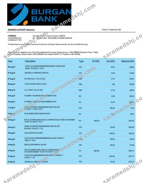 Burgan Bank enterprise account statement Word and PDF template